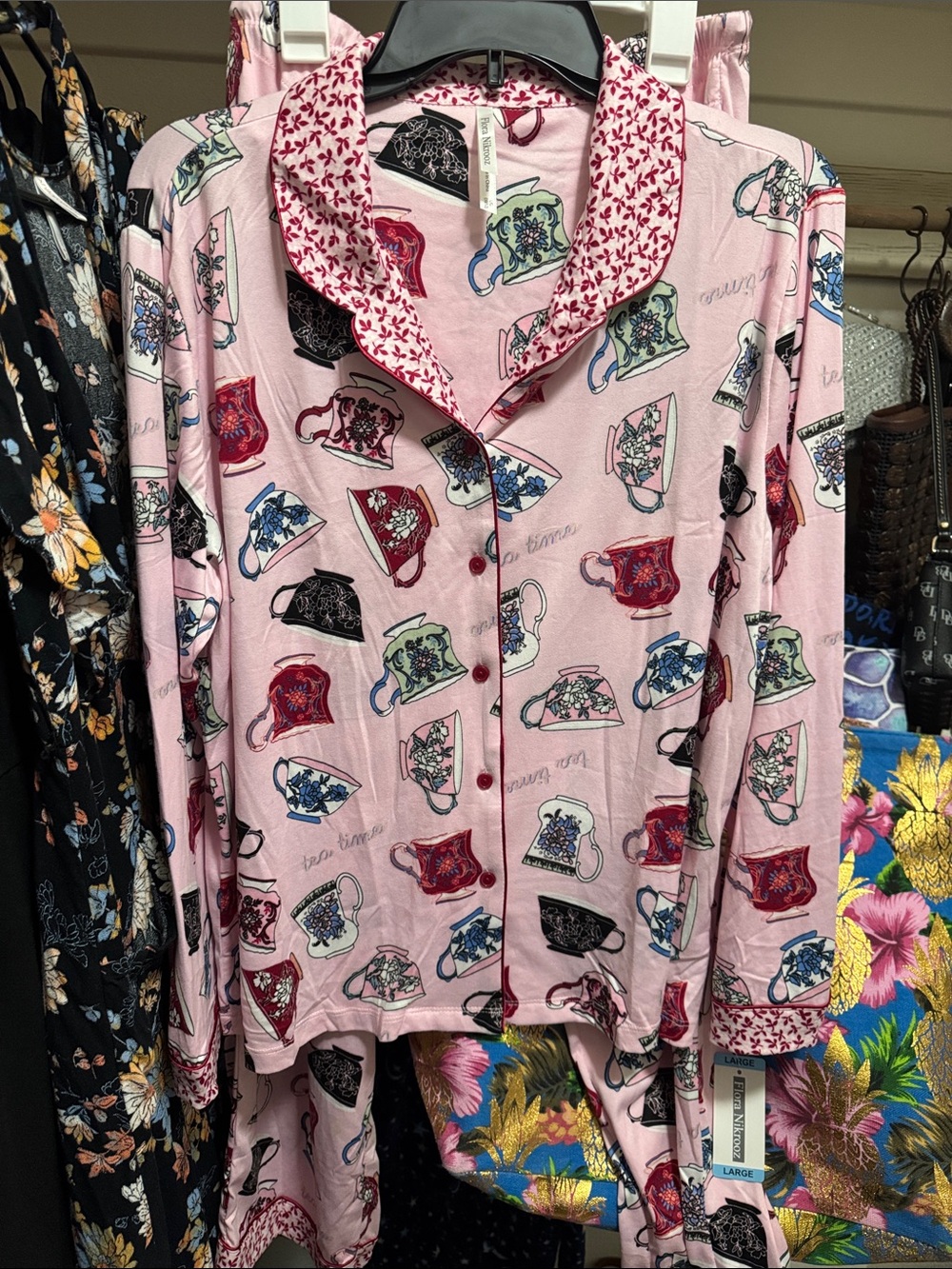 Flora Nikrooz Pink Teacup-Print Pajama Set with Red Trim